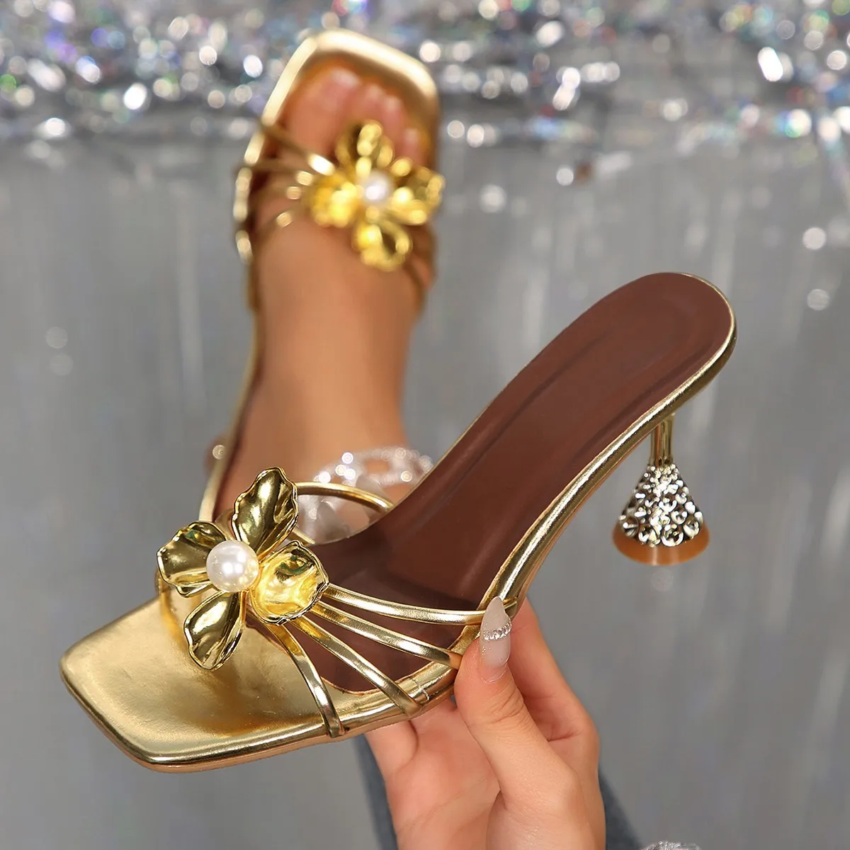 Summer Clothing Collection - Vintage Metal Flower Crystal Cone Heel