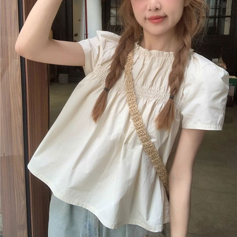 Summer Clothing In French - Shirring Solid Color Shirts Female Clothing