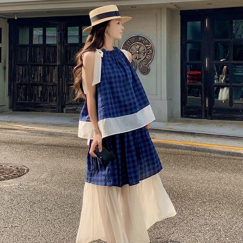 Women's Blue Plaid Two Piece S - Halter Neck Top ulasan dan harga