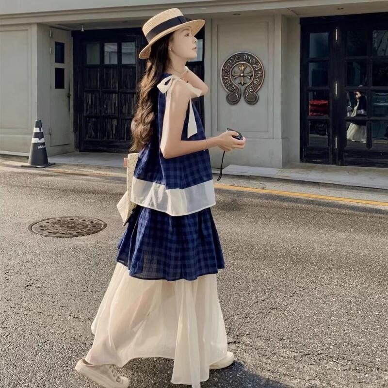 Women's Blue Plaid Two Piece S - Halter Neck Top ulasan dan harga