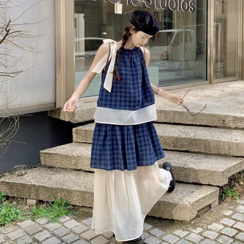 Women's Blue Plaid Two Piece S - Halter Neck Top ulasan dan harga