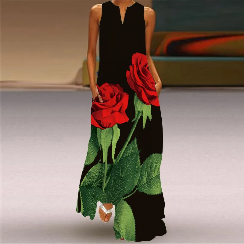 Red Rose Print Long Dress For  - Summer Rose Clothing ulasan dan harga