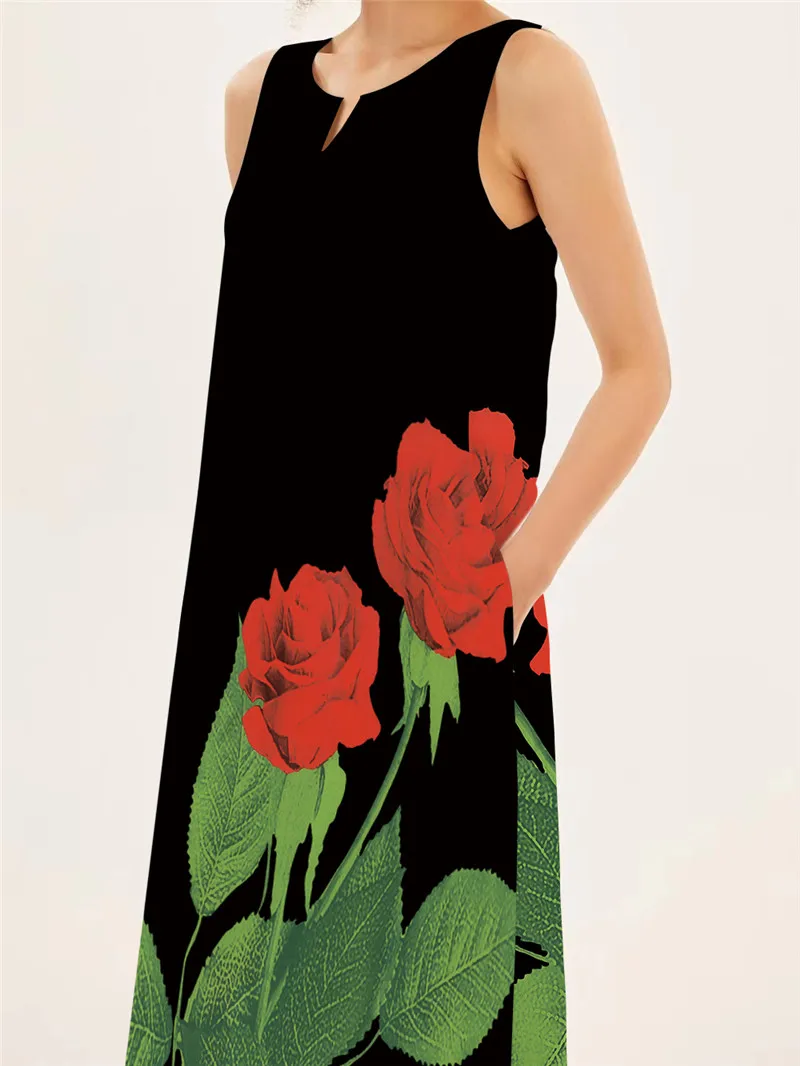 Red Rose Print Long Dress For  - Summer Rose Clothing ulasan dan harga