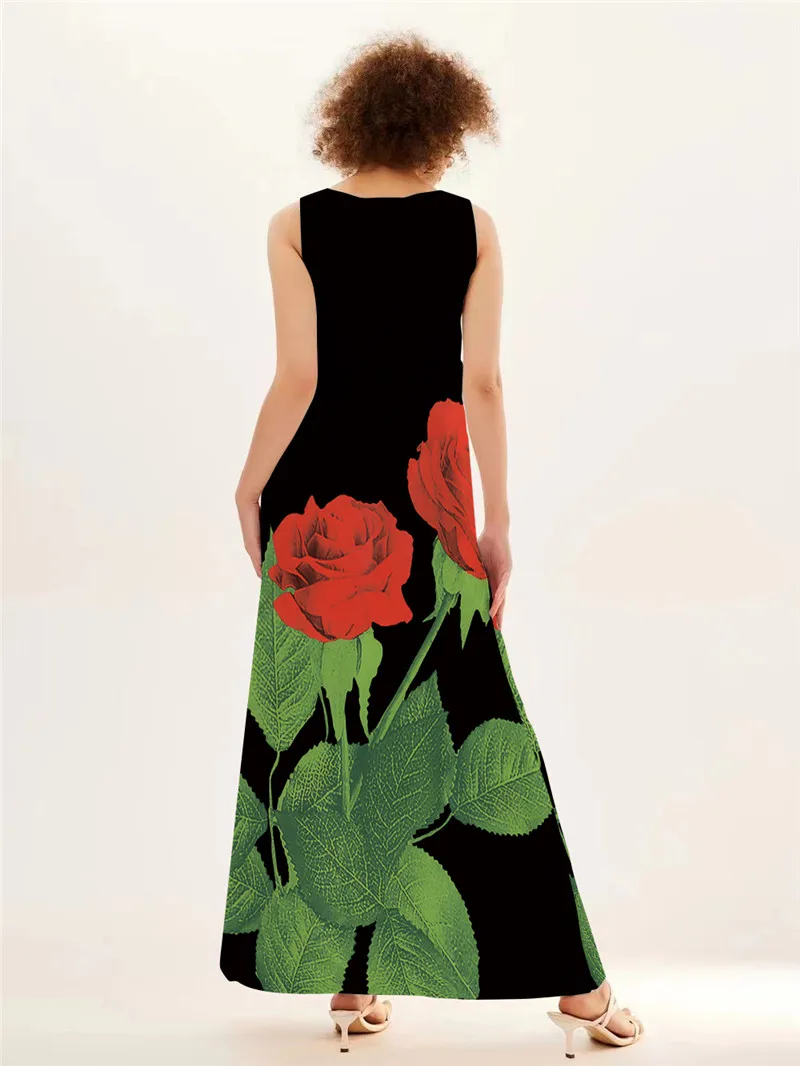 Red Rose Print Long Dress For  - Summer Rose Clothing ulasan dan harga