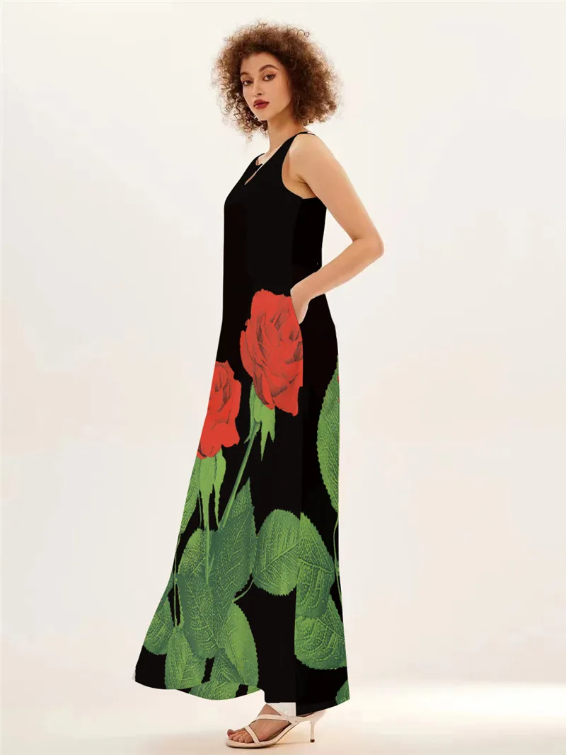 Red Rose Print Long Dress For  - Summer Rose Clothing ulasan dan harga