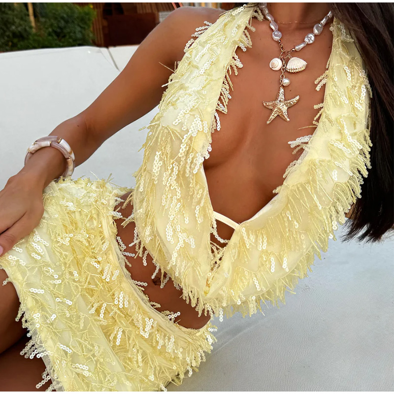 New Sequin Tassels Mini Skirt  - Halter Neck Top ulasan dan harga