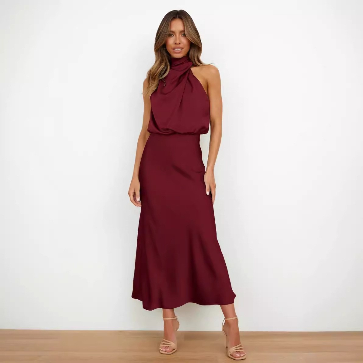 Satin Dress Sleeveless Halter  - Halter Neck Top ulasan dan harga