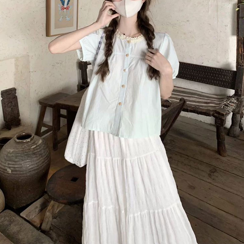 Fashionable Lace Spliced Shirt - Summer Clothing In French ulasan dan harga